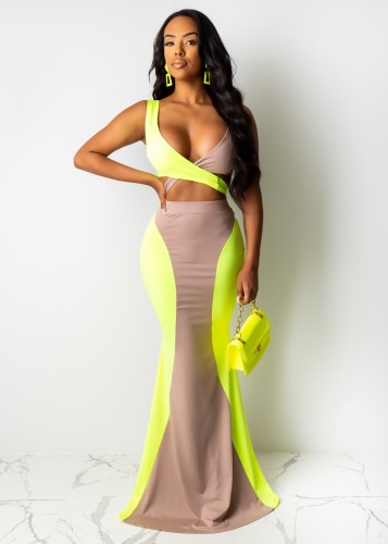Sexy Contrast Two Piece Maxi Skirt Set