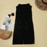 Black Knit Lapel Sleeveless Long Coat with Pockets
