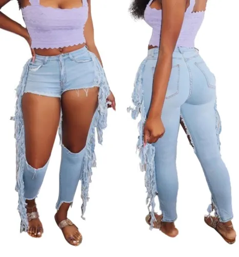 Cutout Fringed Ligh Blue Denim Pants