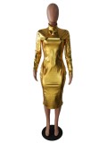 Metallic Gold Midi Dress with Full Sleeve