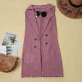 Pink Knit Lapel Sleeveless Long Coat with Pockets