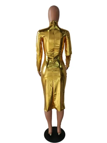 Metallic Gold Midi Dress with Full Sleeve