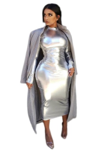 Metallic Silver Midi Dress with Full Sleeve