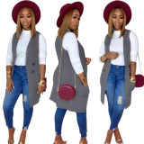 Gray Knit Lapel Sleeveless Long Coat with Pockets