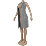 Gray Knit Lapel Sleeveless Long Coat with Pockets