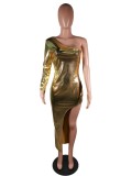 One Shoulder Gold Metallic Slit Maxi Dress