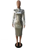 Metallic Silver Midi Dress with Full Sleeve