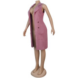 Pink Knit Lapel Sleeveless Long Coat with Pockets