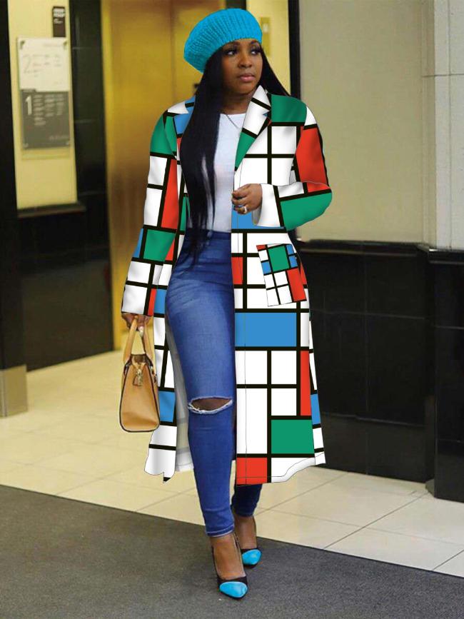 Plus Size Color Block Long Coat