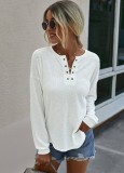 Long Sleeve Solid Rib-Knit V Neck Basic Shirt