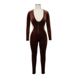 Plunge Contrast Long Sleeve Bodycon Jumpsuit