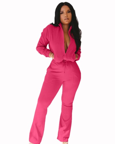 Plain Color Long Sleeve Zip Up Drawstring Waist Jumpsuit