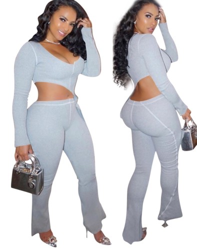 High Low Crop Top and Pants Two Piece Set