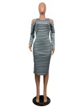 Long Sleeve Cold Shoulder Striped Midi Dress