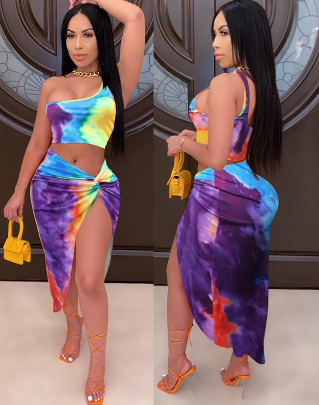 Tie Dye One Shoulder Crop Top and Twist Skirt Set