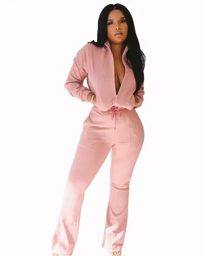 Plain Color Long Sleeve Zip Up Drawstring Waist Jumpsuit