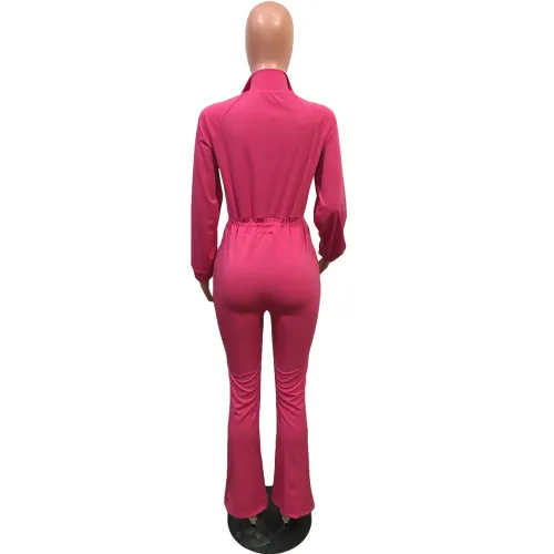 Plain Color Long Sleeve Zip Up Drawstring Waist Jumpsuit