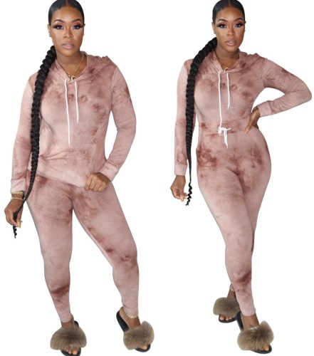 Fitted Tie Dye Hooded Two Piece Pants Set