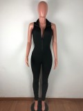 Solid Zip Up Ruched Sleeveless Bodycon Jummpsuit