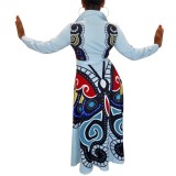 Plus Size Long Sleeve African Print Button Maxi Dress