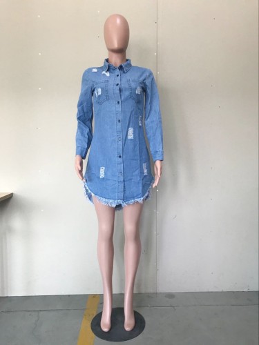 Ripped Blue Long Sleeve Fringed Denim Dress