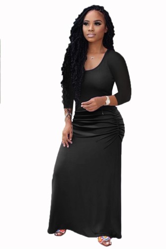 Solid 3/4 Sleeve Plain Ruched Detail Maxi Dress
