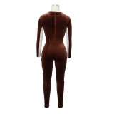 Plunge Contrast Long Sleeve Bodycon Jumpsuit
