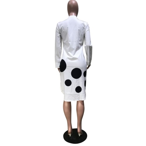 Dot Print White Long Sleeve Shirt Dress