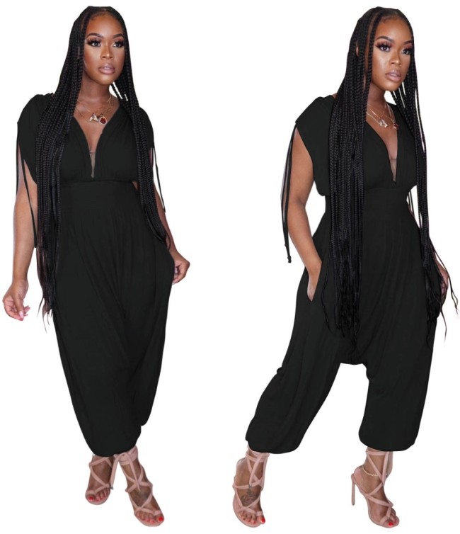 Plunge Plain Elastic Waist Loose Jumpsuit