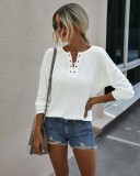 Long Sleeve Solid Rib-Knit V Neck Basic Shirt