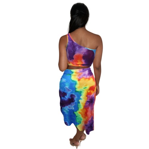 Tie Dye One Shoulder Crop Top and Twist Skirt Set