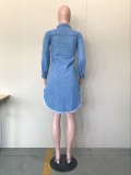 Ripped Blue Long Sleeve Fringed Denim Dress