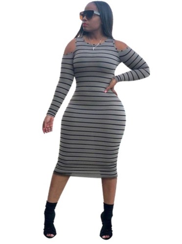 Long Sleeve Cold Shoulder Striped Midi Dress
