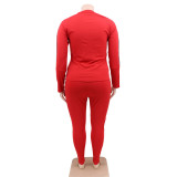 Plus Size Side Stripes Red Casual Sweasuits