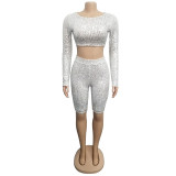 Sequin Silver Fitted Long Sleeve Crop Top and Shorts