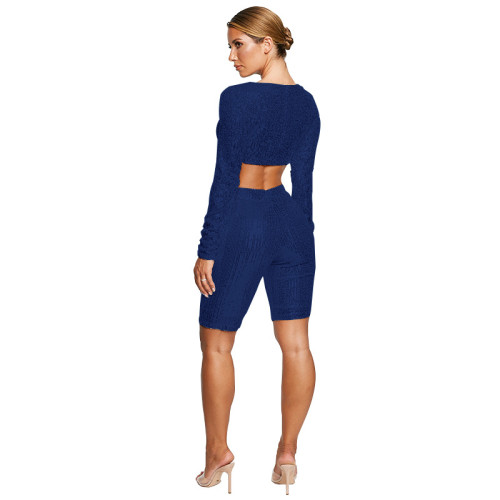 Sequin Blue Fitted Long Sleeve Crop Top and Shorts