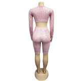 Sequin Pink Fitted Long Sleeve Crop Top and Shorts