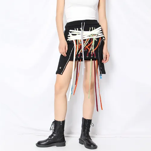 Irregular Handwork Eyelets Colorful Strings Mini Skirt