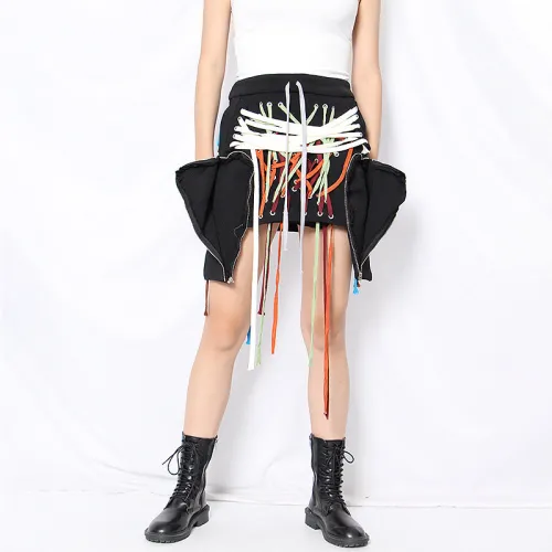 Irregular Handwork Eyelets Colorful Strings Mini Skirt