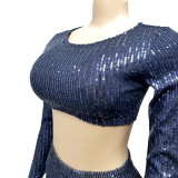 Sequin Blue Fitted Long Sleeve Crop Top and Shorts