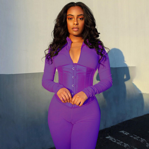 Sexy Purple Long Sleeve Sports Jumpsuit with Matching Corset