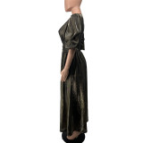 Metallic V Neck Half Sleeve Maxi Dress