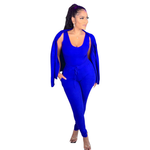 Solid Blue Casual Sportswear Three Piece Set