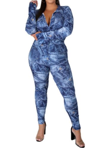 Fake Denim Print Bodysuit and Pants Two Piece