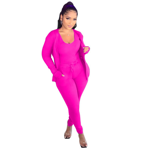 Solid Hot Pink Casual Sportswear Three Piece Set