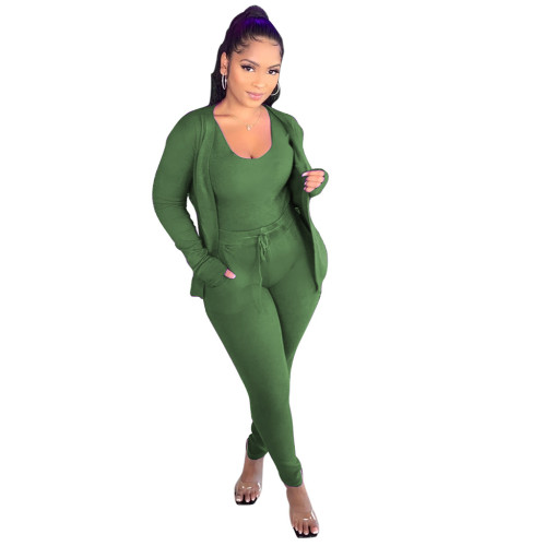 Solid Army Green Casual Sportswear Three Piece Set