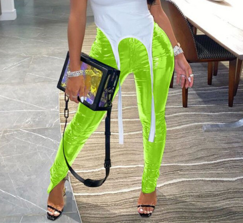 Patent Neon Green PU Leather Slit Bottom Pants