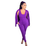 Solid Purple Casual Sportswear Three Piece Set