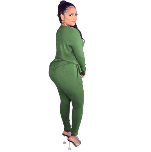 Solid Army Green Casual Sportswear Three Piece Set