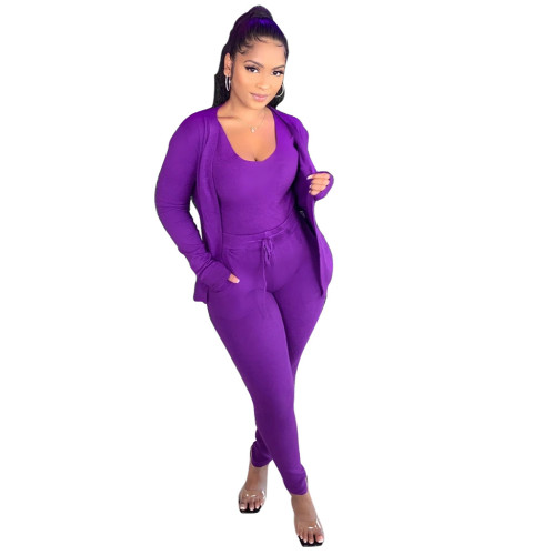 Solid Purple Casual Sportswear Three Piece Set
